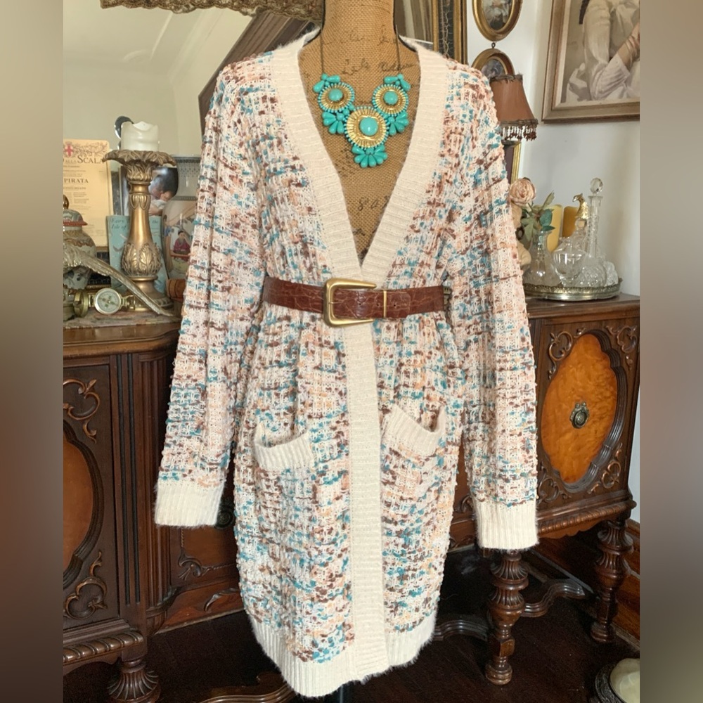 Vintage Boho Soft Tweed Ivory and Soft Pastels Knit Cardigan Sweater